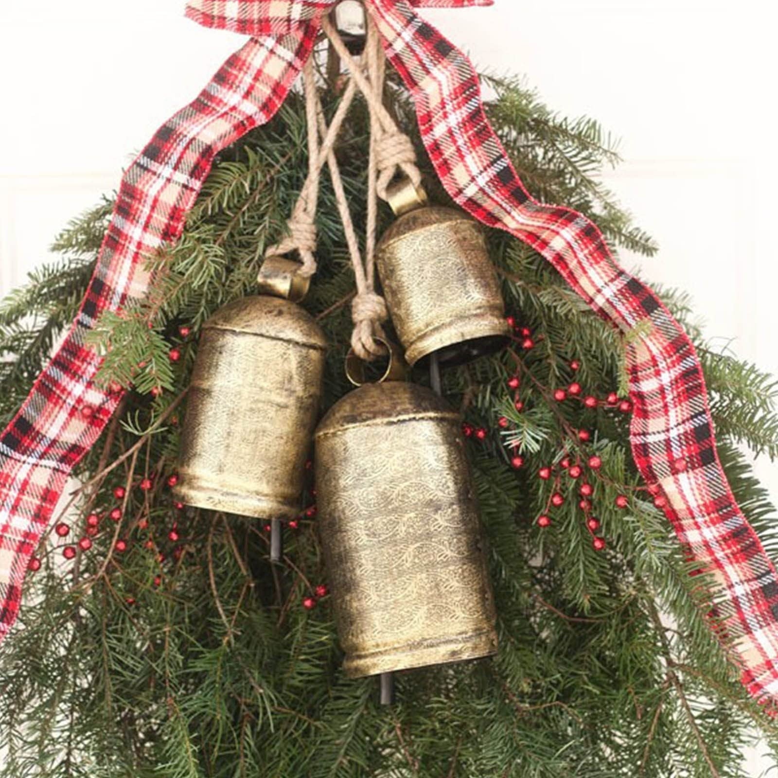 Lanbtorn Christmas Cow Bells for Decoration, Vintage Handmade Gold Cowbell Christmas Decor, Lucky Rustic Christmas Hanging Ornaments Bells Set of 3 for Xmas Tree Home Decor